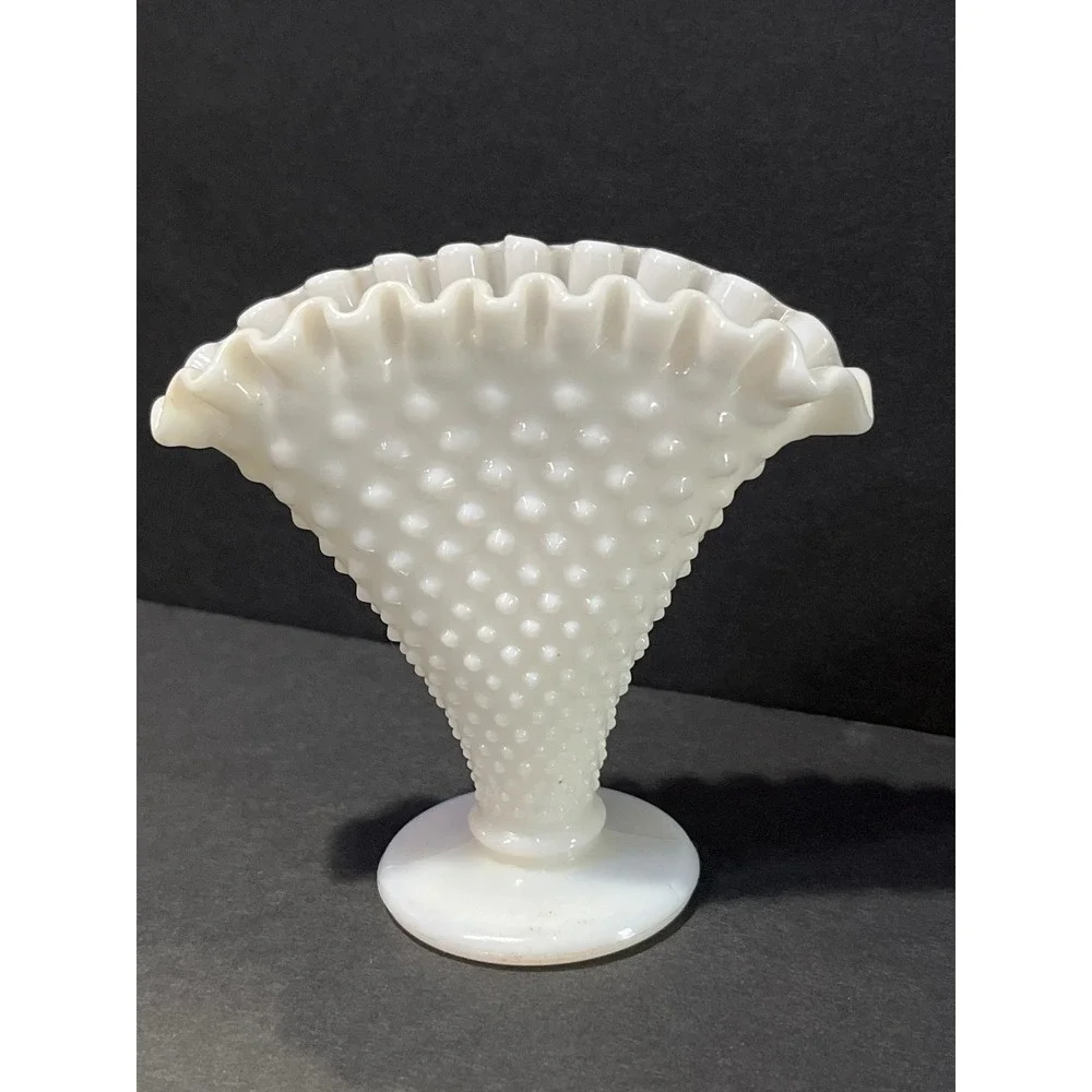 Fenton Milk Glass Hobnail Fan Vase White Ruffled Edge Vintage Mid Century Decor